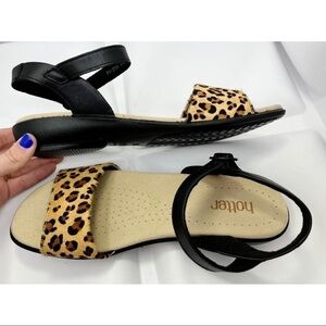 Hotter Sz 9.5 Womens Leopard Print Calf Hair Black Leather Sandal England